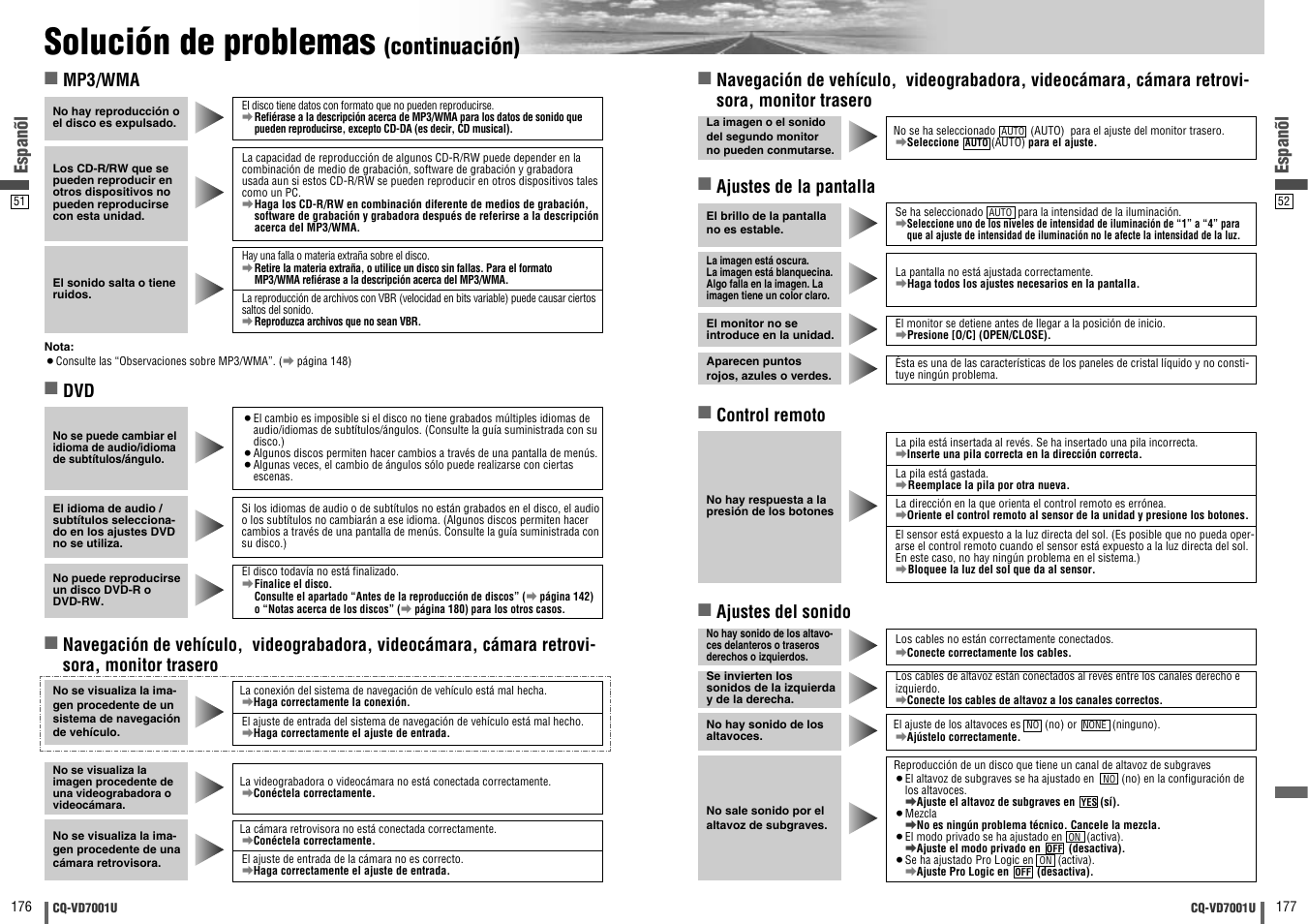 Solución de problemas, Continuación), Espanõl ■ mp3/wma | Espanõl | Panasonic CQ-VD7001U User Manual | Page 89 / 93