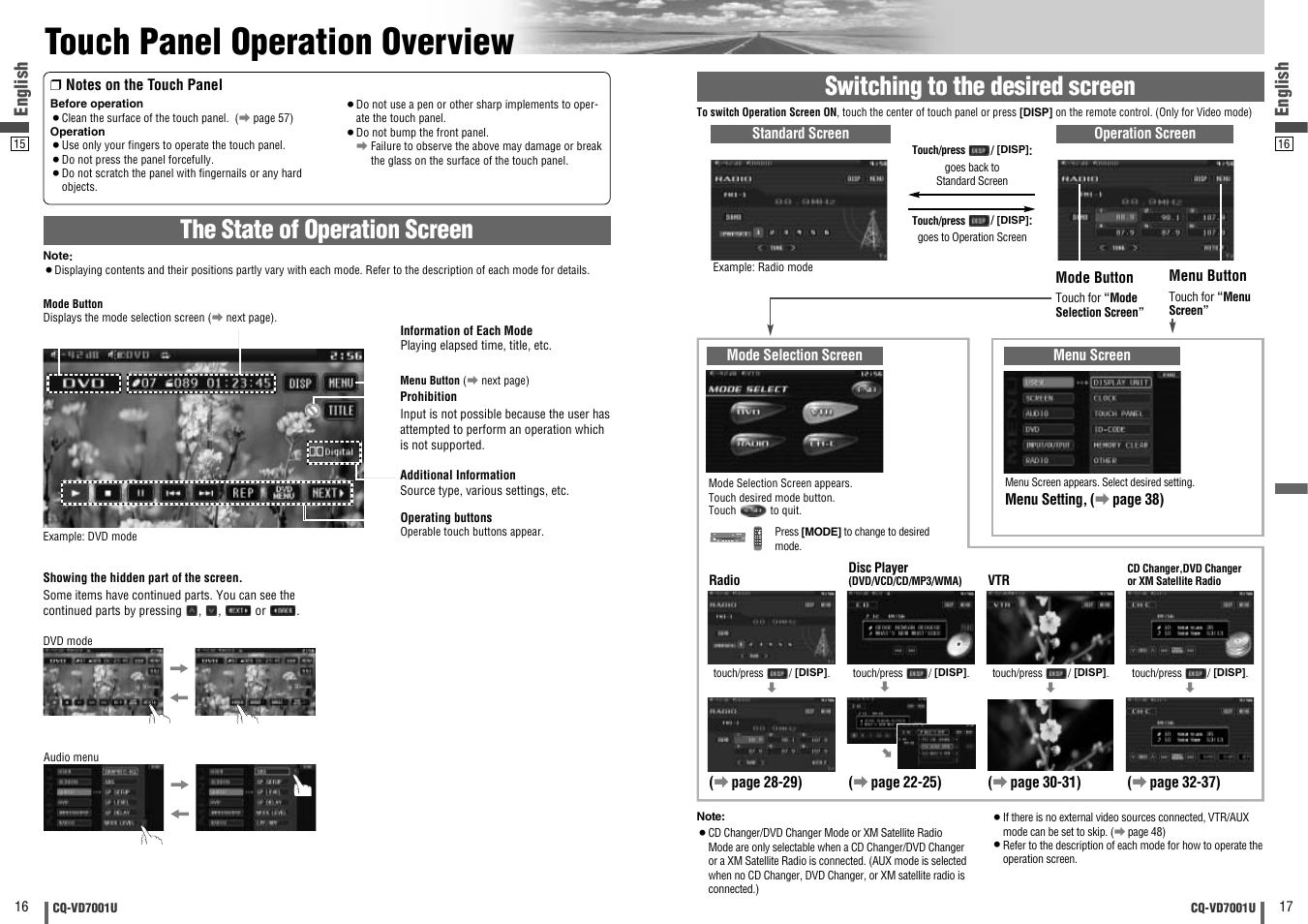 Touch panel over view, Touch panel operation overview, The state of operation screen | Switching to the desired screen, English | Panasonic CQ-VD7001U User Manual | Page 9 / 93