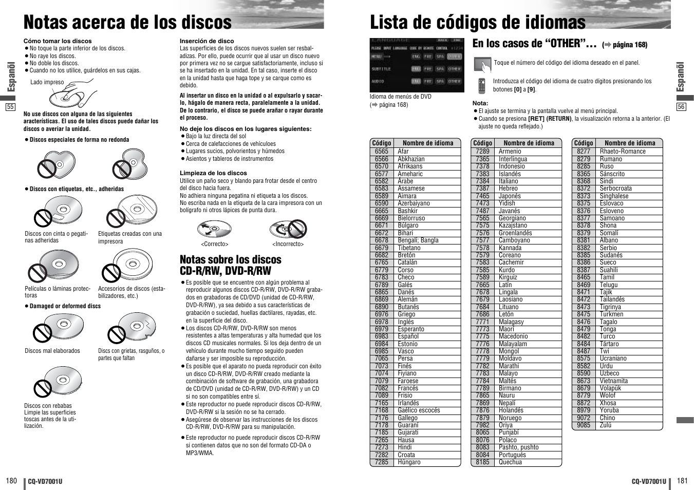 Notas acerca de los discos, Lista de codigos de idiomas, Lista de códigos de idiomas | En los casos de “other, Notas sobre los discos cd-r/rw, dvd-r/rw, Dvd vtr radio ch-c end, Espanõl | Panasonic CQ-VD7001U User Manual | Page 91 / 93