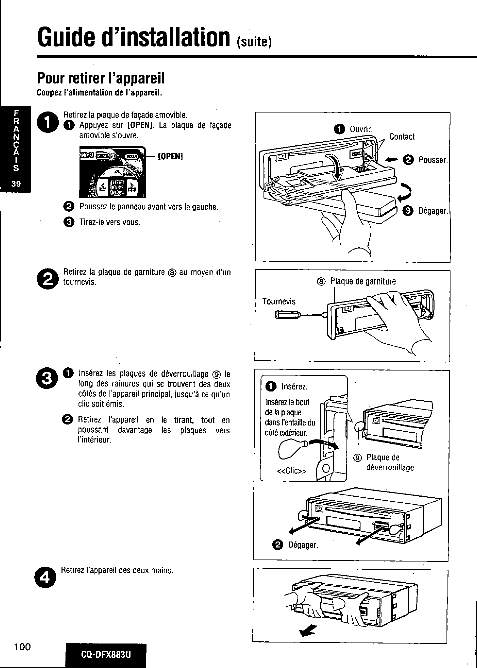 Pour retirer l’appareil, Guide d’installation | Panasonic CQ-DFX883U User Manual | Page 100 / 156
