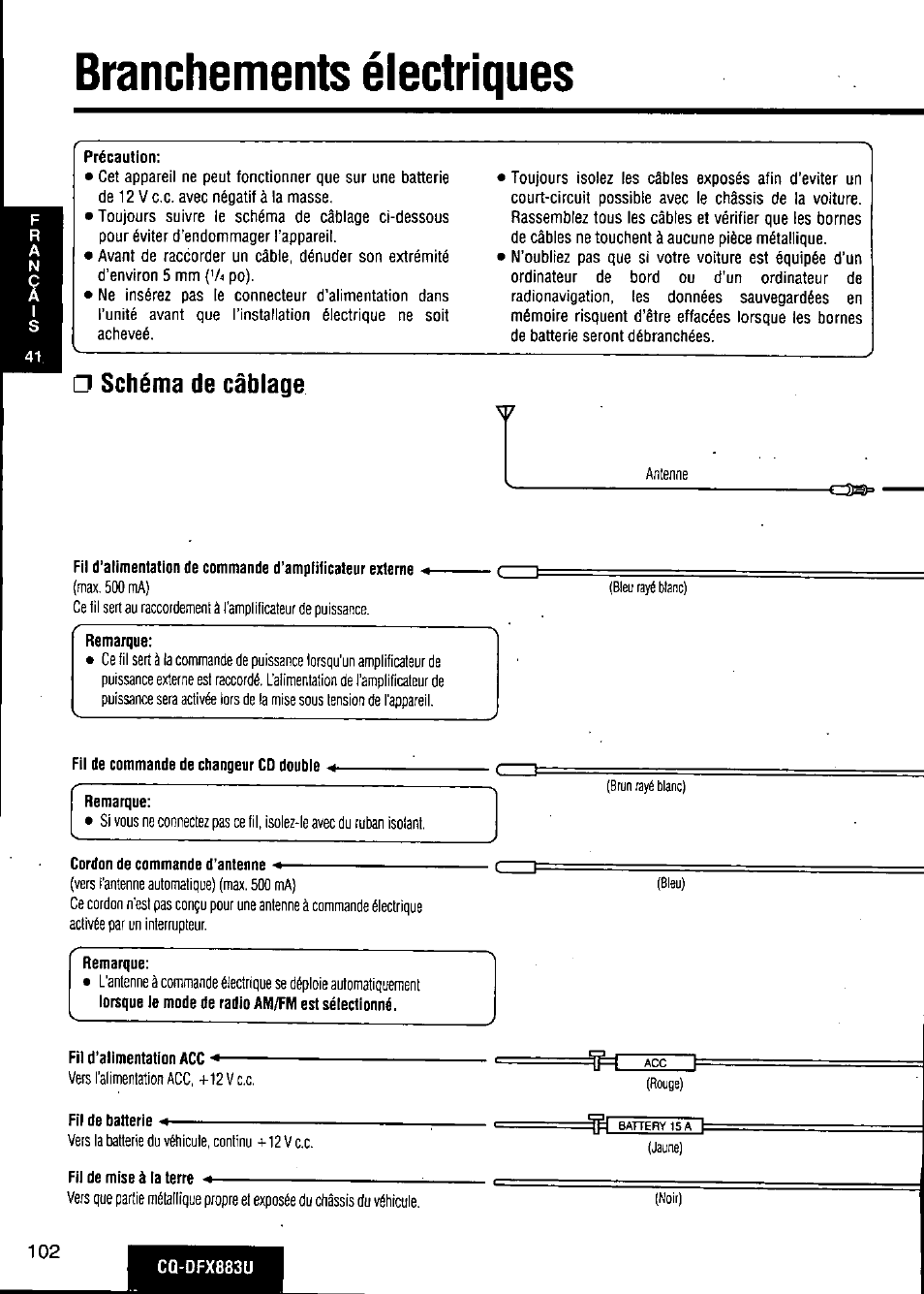 Branchements électriques, Schéma de câblage | Panasonic CQ-DFX883U User Manual | Page 102 / 156