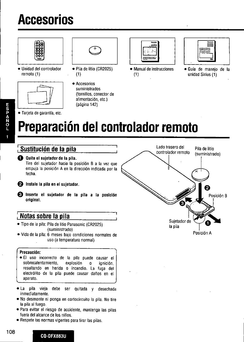 Accesorios, Preparación del controlador remoto, Sustitución de la pila | Notas sobre la pila, Precaución, G preparación del controlador remoto | Panasonic CQ-DFX883U User Manual | Page 108 / 156
