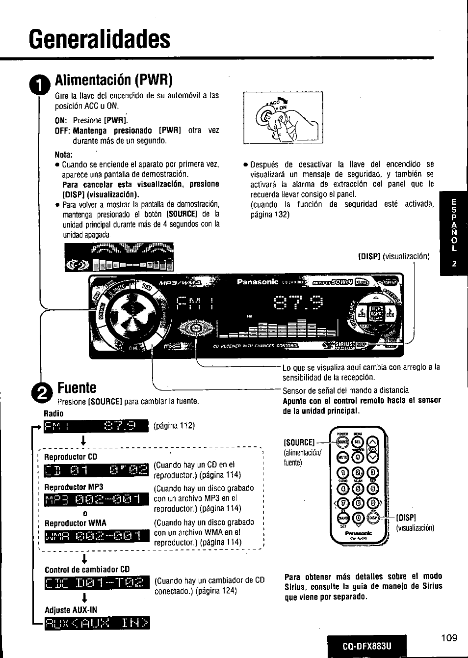 Generalidades, Nota, Fuente | I reproductor cd, Reproductor mp3, Reproductor wma, Control de cambiador cd, Adjuste aux-in, Alimentación (pwr), 002 н;|:!и 1 | Panasonic CQ-DFX883U User Manual | Page 109 / 156