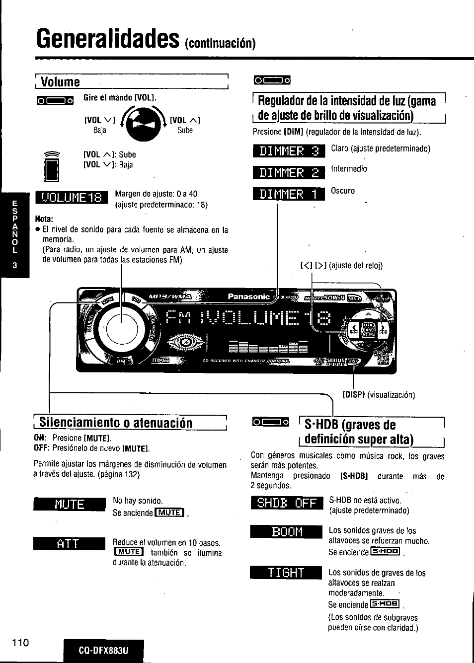 Volume, Dimmer 3, Uolume1s | Dimmer 2, Dimmer 1, Silenciamíento o atenuación, S-hdb (graves de definición super alta), Mute, Shde off, Boom | Panasonic CQ-DFX883U User Manual | Page 110 / 156