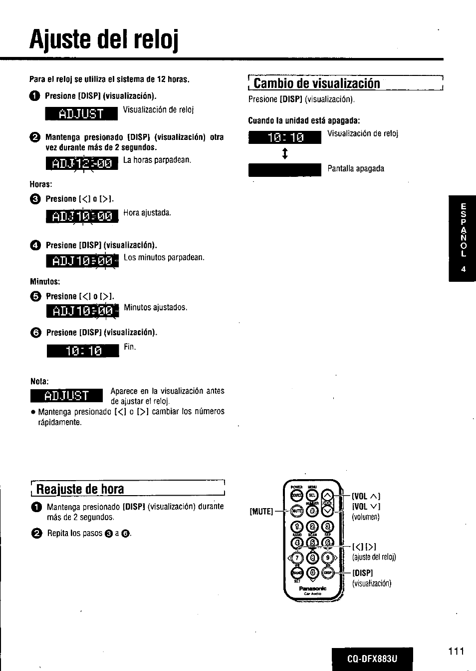 Ajuste del reloj, Adjust, Reajuste de hora | Cambio de visualización | Panasonic CQ-DFX883U User Manual | Page 111 / 156