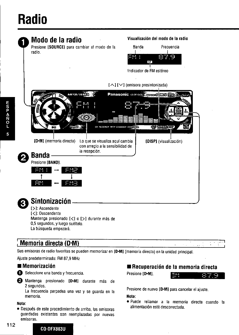 Radio, Modo de la radio, Sintonización | Memoria directa (d*m), Memorización, Banda | Panasonic CQ-DFX883U User Manual | Page 112 / 156