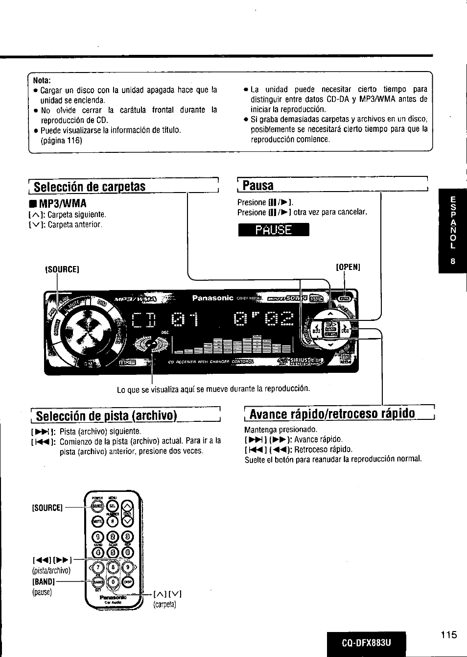 Selección de carpetas, Pruse, Selección de pista (archivo) | Avance rápido/retroceso rápido, Pausa | Panasonic CQ-DFX883U User Manual | Page 115 / 156
