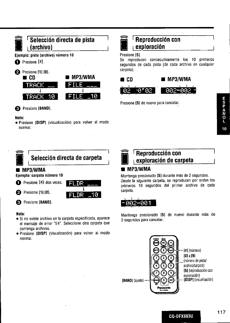 B| ' selección directa de pista h i (archivo), Reproducción con, Exploración | H ^ selección directa de carpeta | Panasonic CQ-DFX883U User Manual | Page 117 / 156