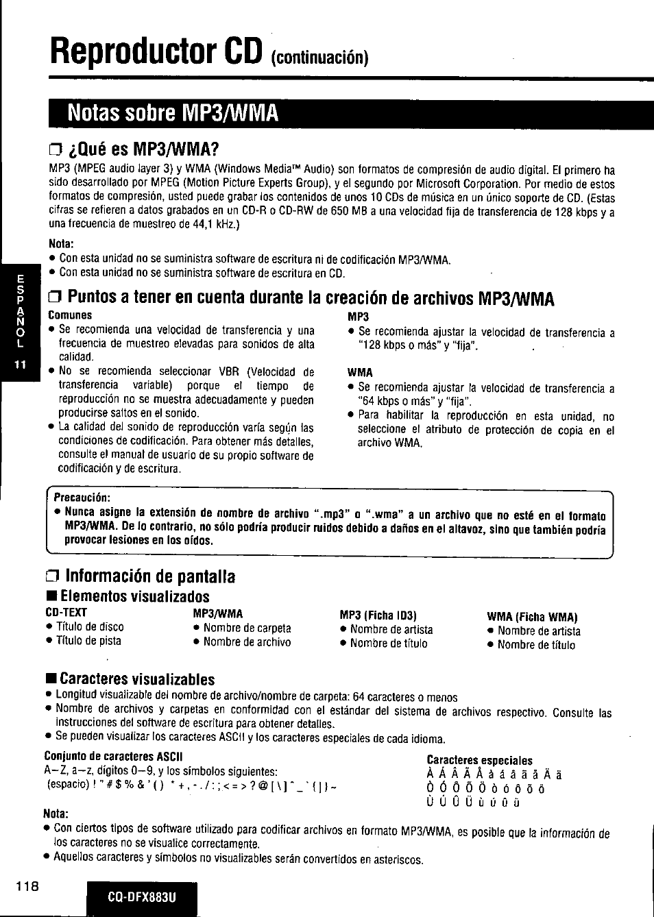 Notas sobre ivip3/wivia, О ¿qué es wip3/wivia, Información de pantalla | Reproductor cd, Continuación) | Panasonic CQ-DFX883U User Manual | Page 118 / 156
