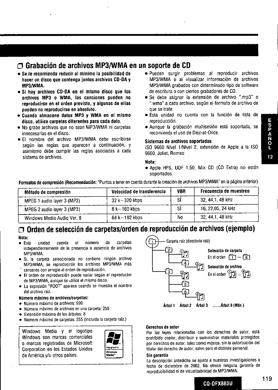 Un soporte de cd, Grabación de archivos mp3/wma en | Panasonic CQ-DFX883U User Manual | Page 119 / 156