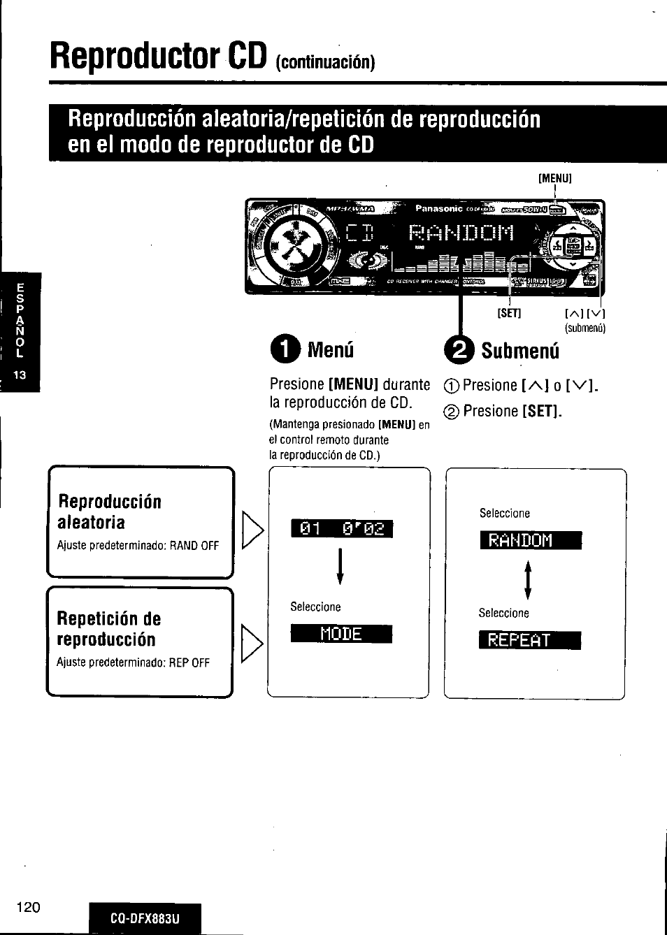 Reproducción, Aleatoria, Repetición de reproducción | Reproductor cd, Submenú | Panasonic CQ-DFX883U User Manual | Page 120 / 156