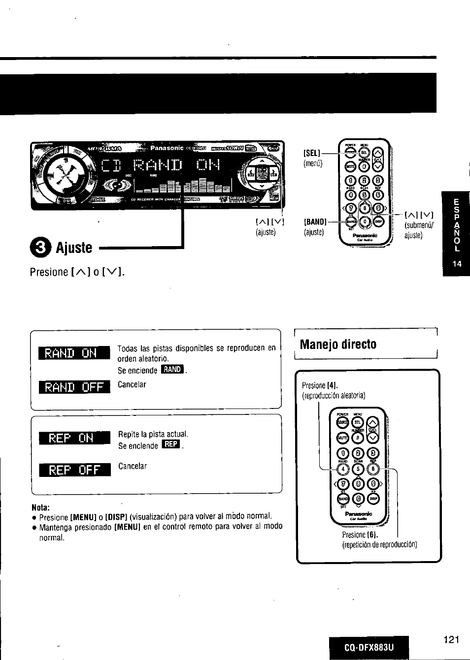 Rand on, Ranh off, Manejo directo | Rep on, Rep off, Ajuste, Rand on ranh off, Rep on rep off | Panasonic CQ-DFX883U User Manual | Page 121 / 156