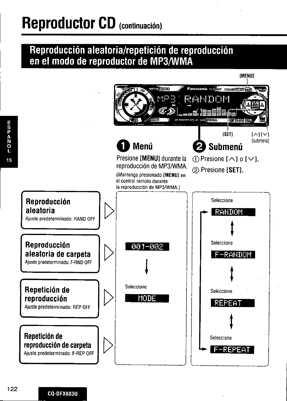 Menú submenú, Reproducción, Aleatoria | Reproducción aleatoria de carpeta, Repetición de reproducción, Repetición de reproducción de carpeta, Reproductor cd | Panasonic CQ-DFX883U User Manual | Page 122 / 156