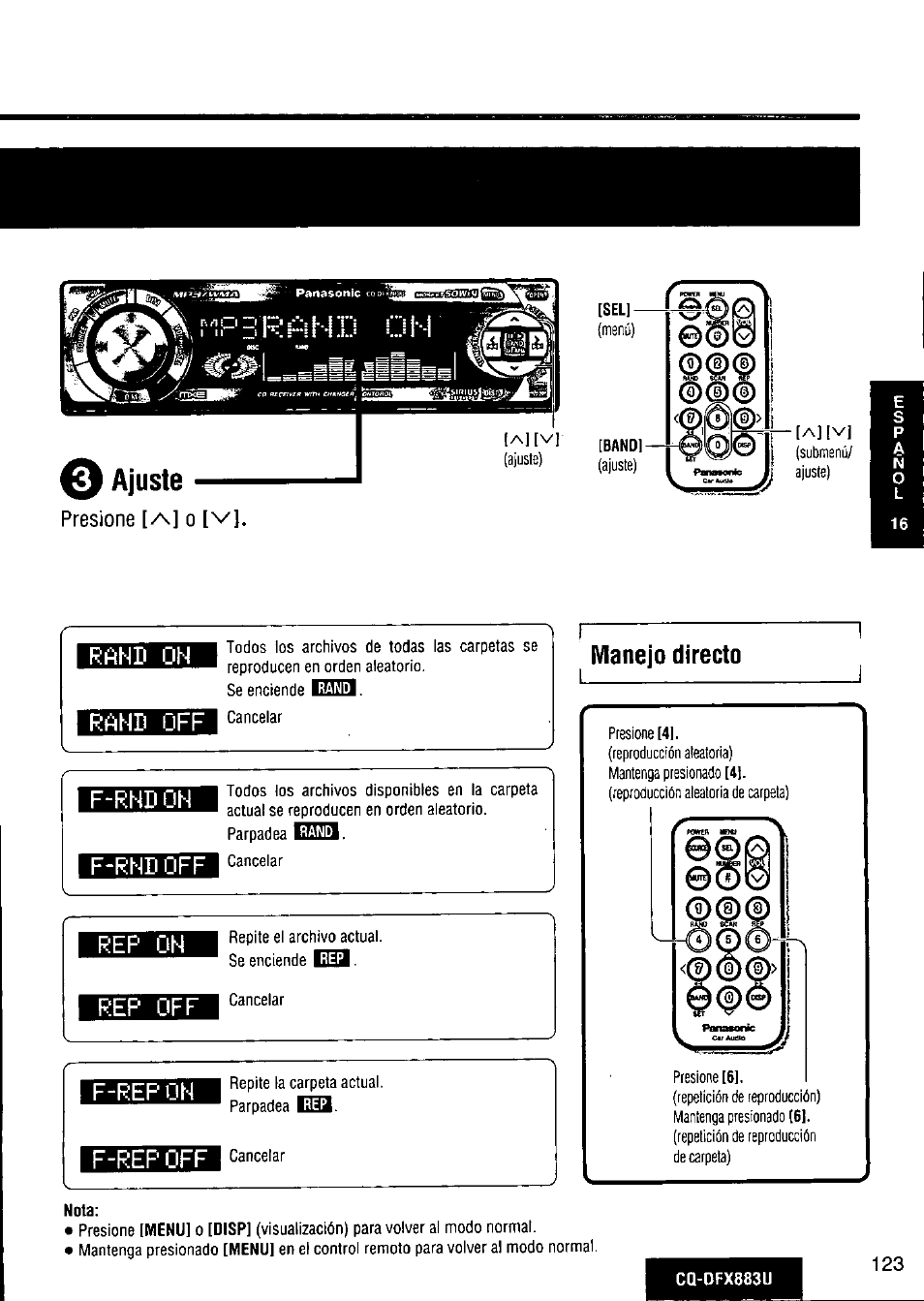 Ajuste, Presione [/\] o [v, Rand on | Rand off, Rep on, Rep off, Manejo directo, Nota, Rand on rand off, F-rnd on ■ f-rnd off | Panasonic CQ-DFX883U User Manual | Page 123 / 156