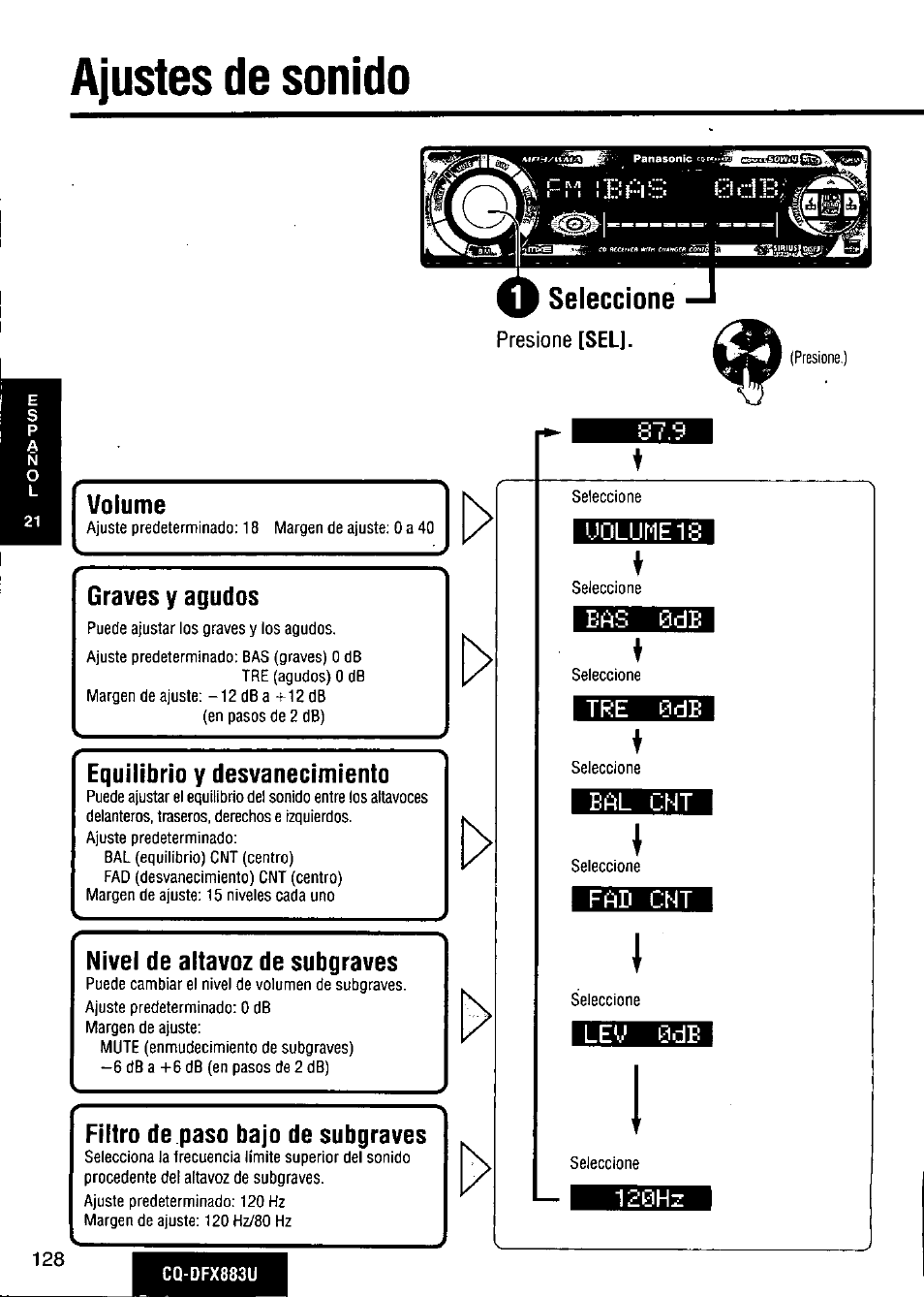 Ajustes de sonido, 9 seleccione, Presione [sel | Volume, Graves y agudos, Equilibrio y desvanecimiento, Nivel de altavoz de subgraves, Filtro de paso bajo de subgraves, Uolume1s, Eñs 0de | Panasonic CQ-DFX883U User Manual | Page 128 / 156