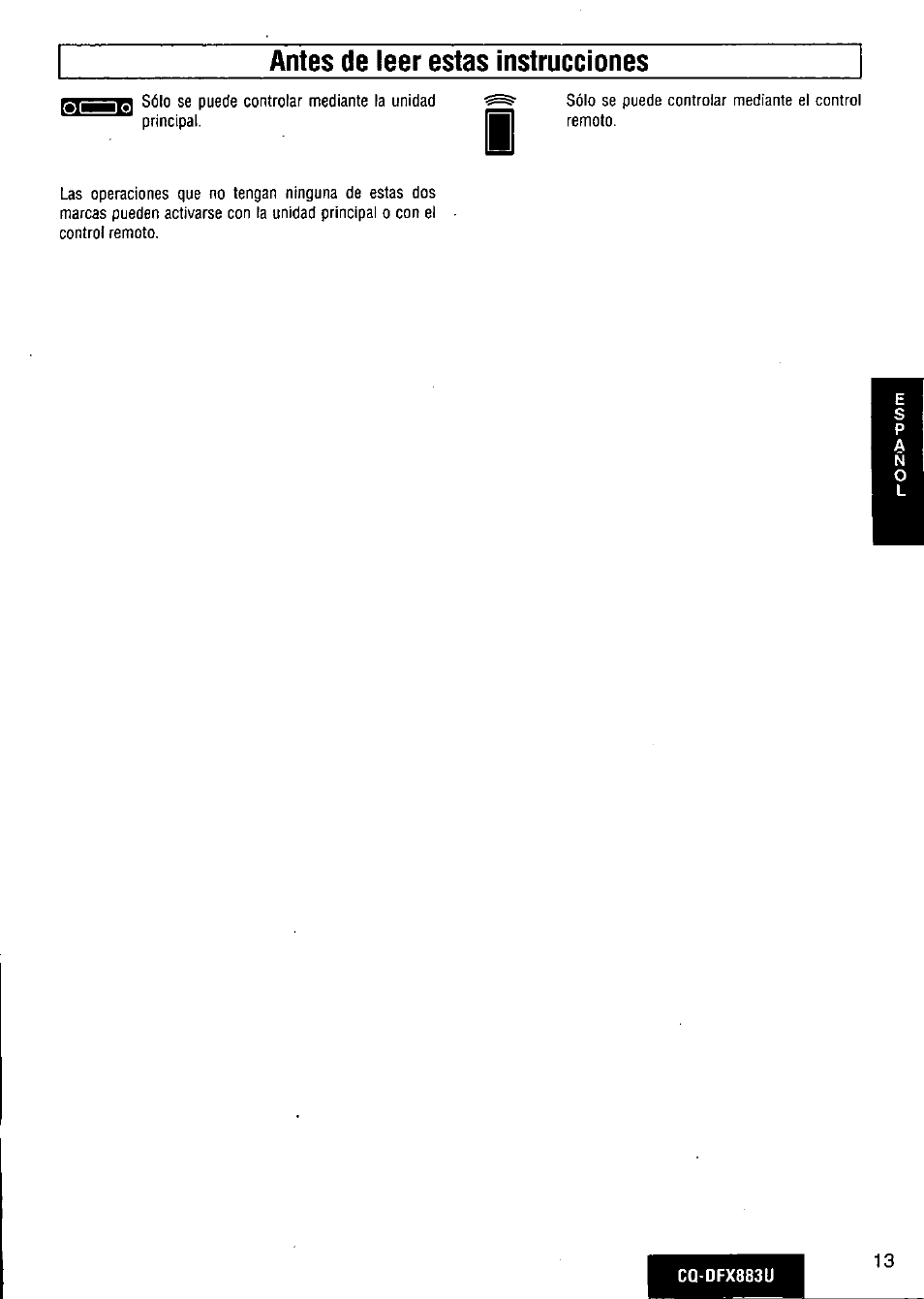 Antes de leer estas instrucciones | Panasonic CQ-DFX883U User Manual | Page 13 / 156