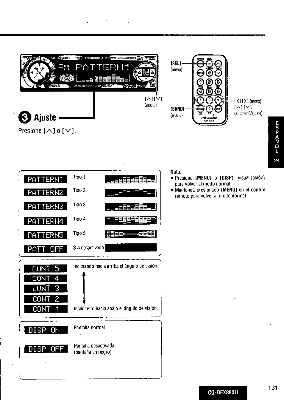 Ajuste, Presione [/\] o [v, Pattern1 | Patterh2, Pattern4, Patt off, Coht 5, Cont 4, Cont 3, Coht 1 | Panasonic CQ-DFX883U User Manual | Page 131 / 156