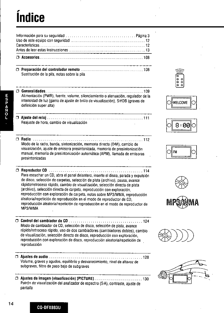 Indice | Panasonic CQ-DFX883U User Manual | Page 14 / 156