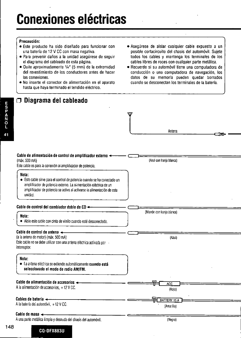 Conexiones electrices, Diagrama del cableado, A conexiones eléctricas | Panasonic CQ-DFX883U User Manual | Page 148 / 156