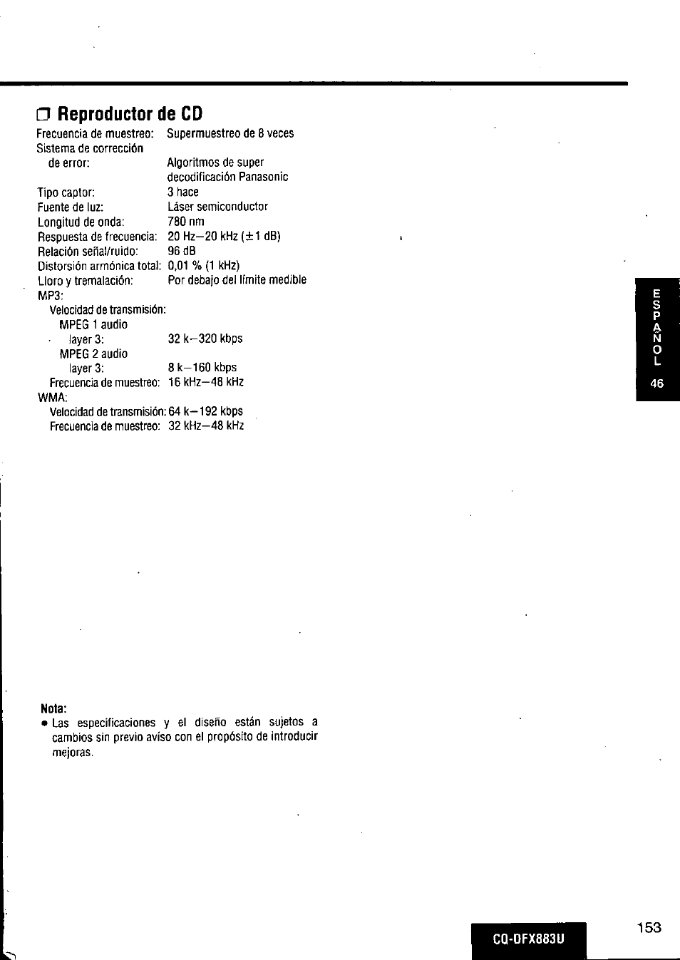 Reproductor de cd, Nota | Panasonic CQ-DFX883U User Manual | Page 153 / 156