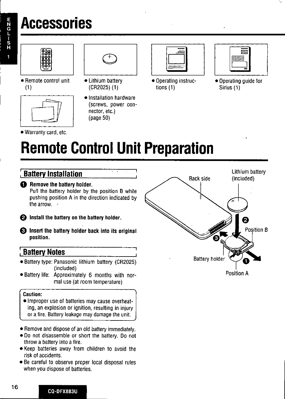Remote control unit preparation, Battery installation, Q install the battery on the battery holder | Battery notes, Caution, Accessories | Panasonic CQ-DFX883U User Manual | Page 16 / 156