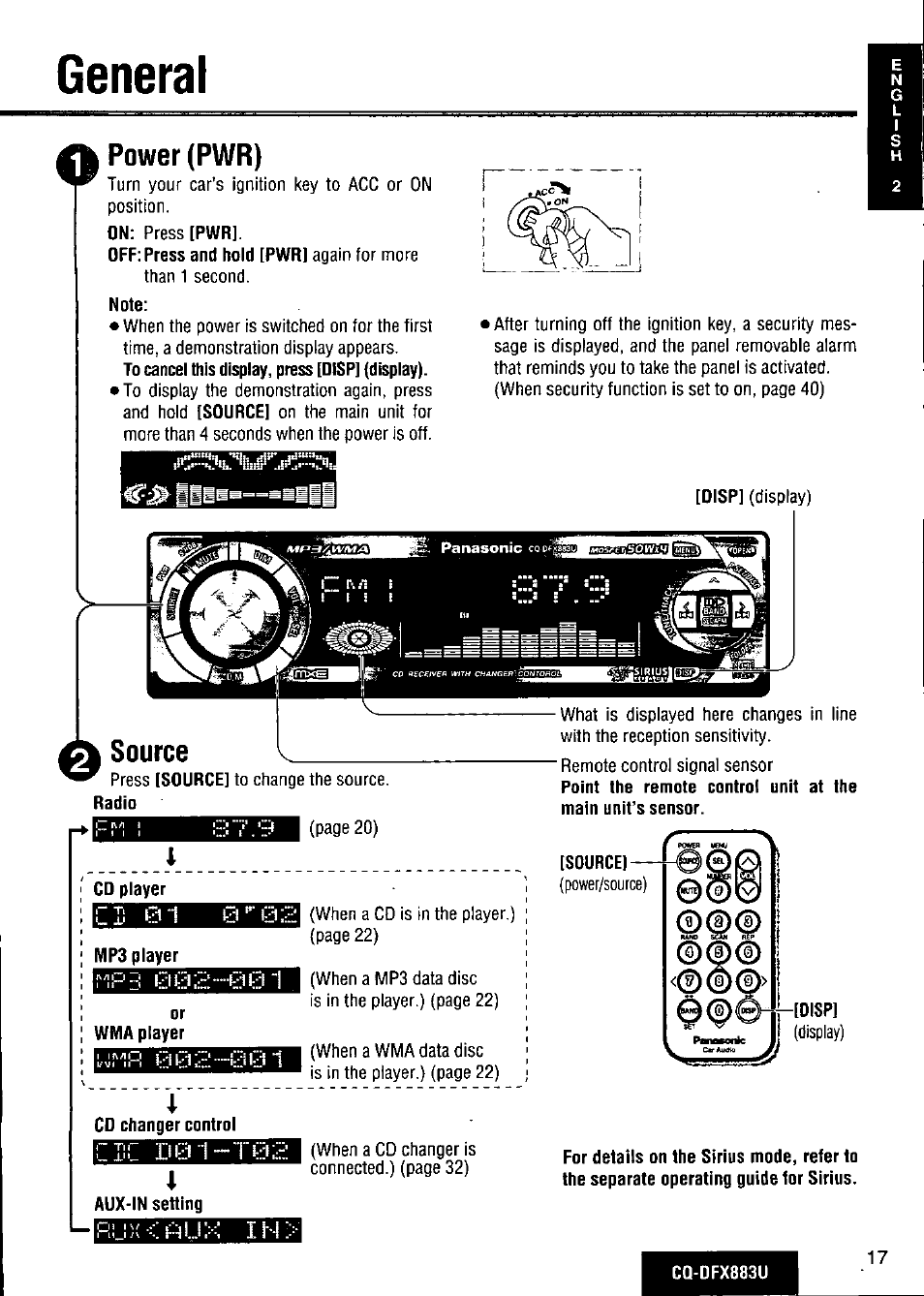 General, Power (pwr), Note | Cd player, Mp3 player, Cd changer control, R i ; 0 1 a * ” 0 2 | Panasonic CQ-DFX883U User Manual | Page 17 / 156
