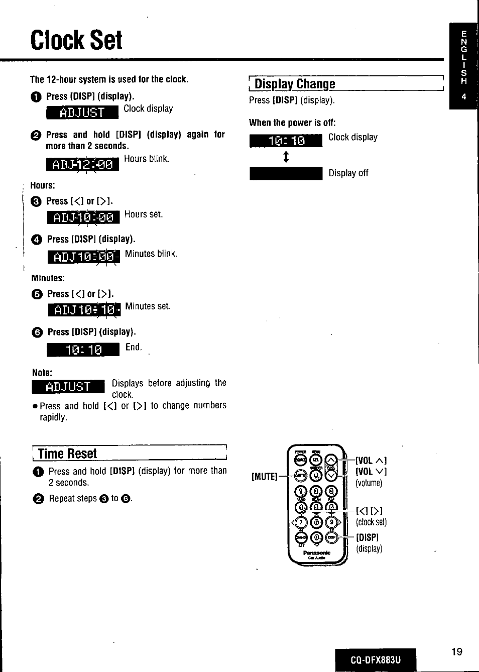 Clock set, Display change, Time reset | Ftruust | Panasonic CQ-DFX883U User Manual | Page 19 / 156