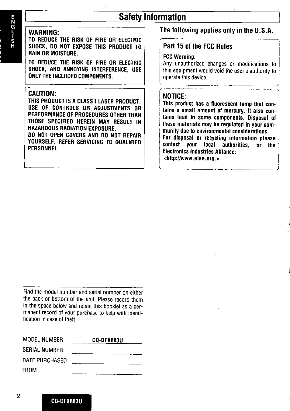 Safety information, Caution, The following applies only in the u.s.a | Rpart 15 of the fcc rules | Panasonic CQ-DFX883U User Manual | Page 2 / 156