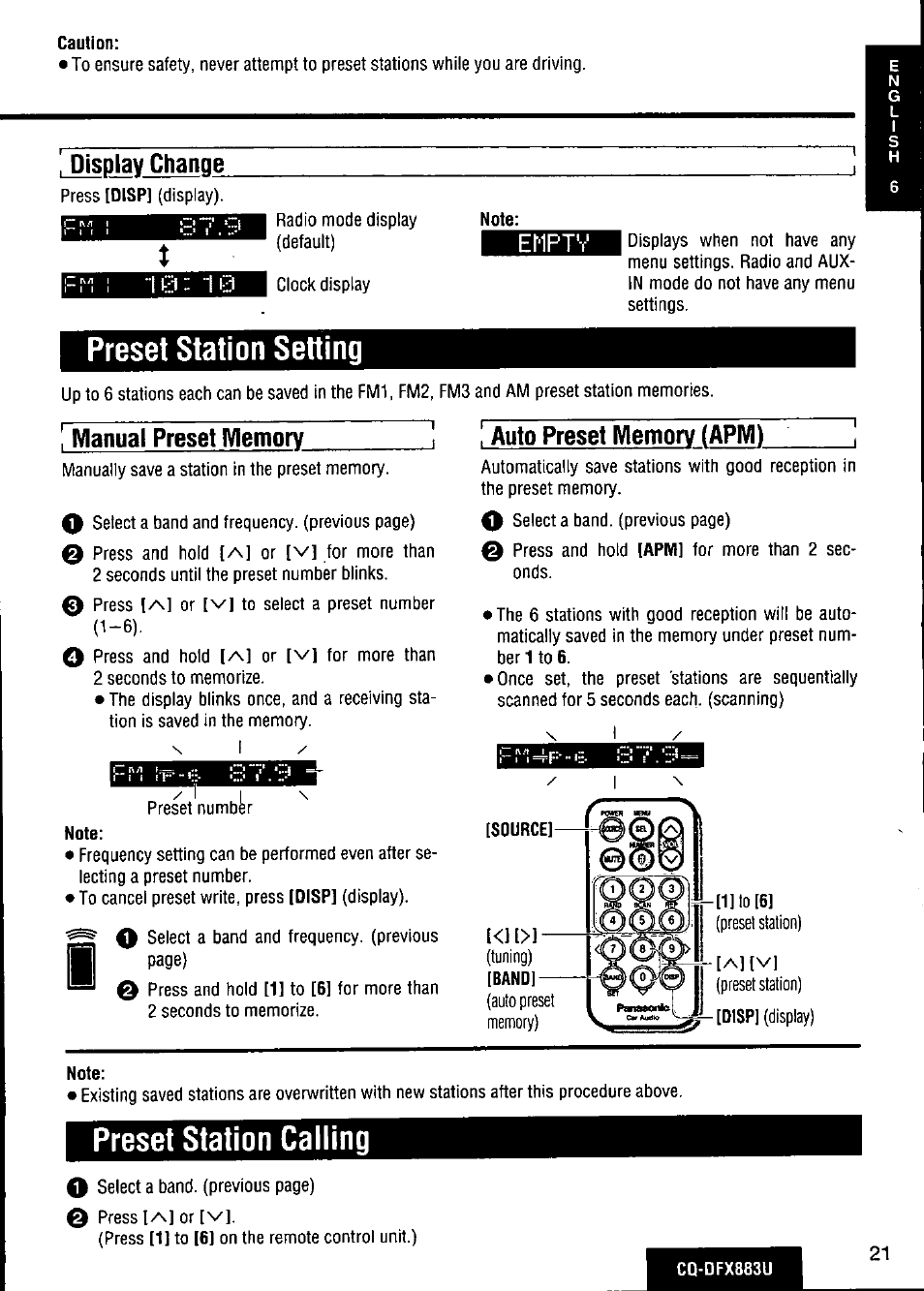 Display change, Emptv, Preset station setting | Manual preset memory, Auto preset memory (арм), Preset station calling | Panasonic CQ-DFX883U User Manual | Page 21 / 156
