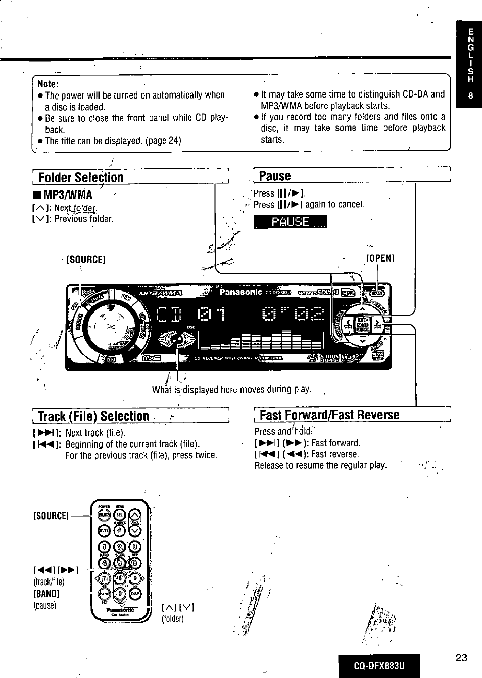Note, Track (file) selection, Fast forward/fast reverse | Folder selection, Pause | Panasonic CQ-DFX883U User Manual | Page 23 / 156