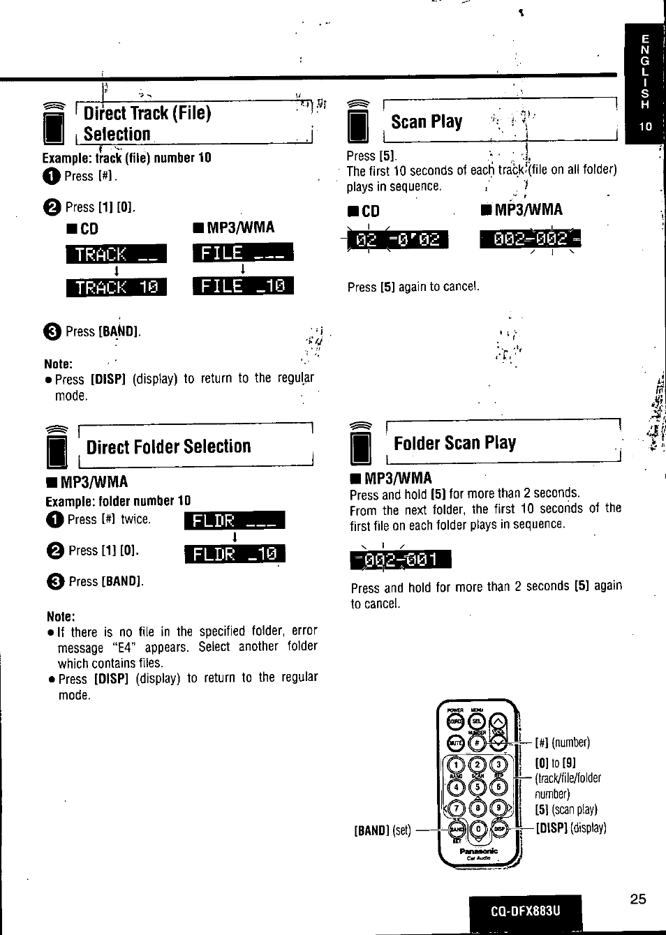 Direct track (file) i selection, Track, Track 10 | Mp3/wivia, File, File _10, Direct folder selection, Note, Scan play, Mp3/wma | Panasonic CQ-DFX883U User Manual | Page 25 / 156