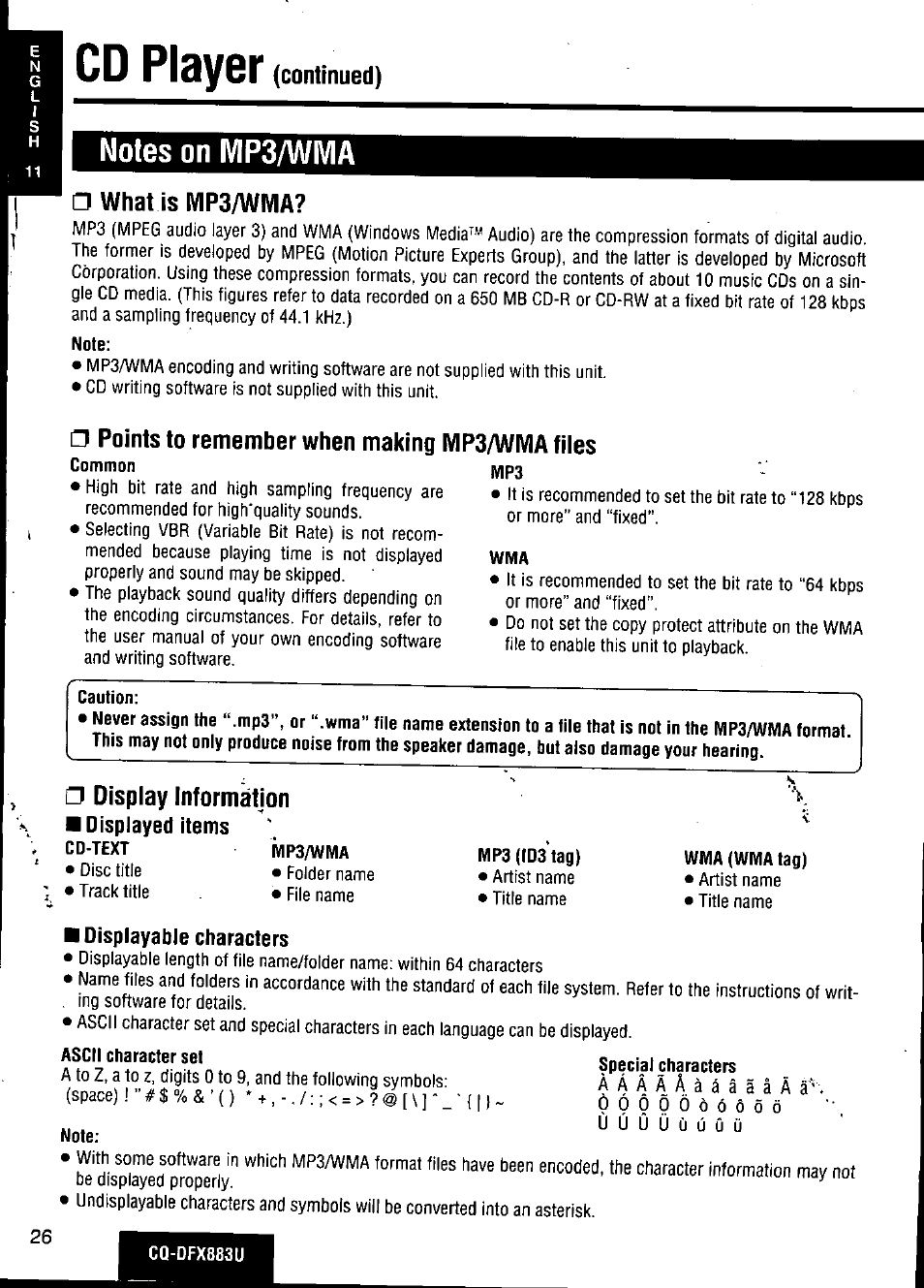 Notes on mp3/wivia, What is mp3/wwia, Points to remember when making mp3/wma fiies | Display information, Displayed items, Oisplayable characters, Cd player | Panasonic CQ-DFX883U User Manual | Page 26 / 156