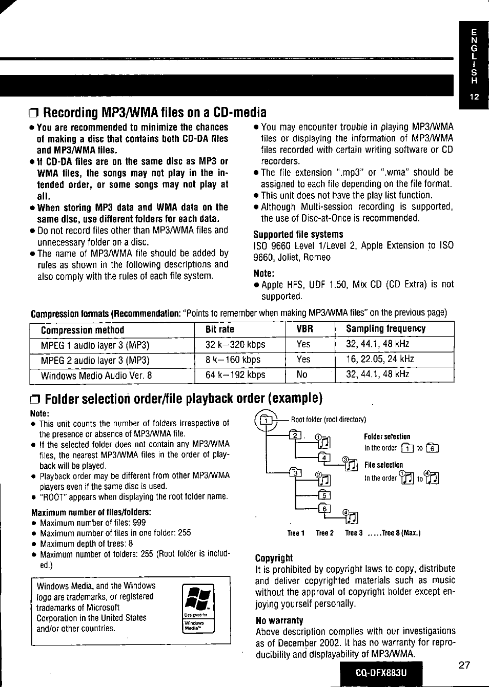 Recording mp3/wma files on a cd, Media | Panasonic CQ-DFX883U User Manual | Page 27 / 156