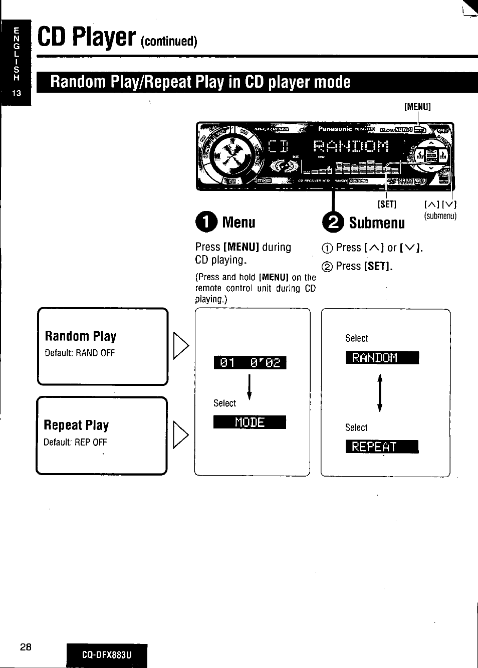 Random play/repeat play in cd player mode, Submenu, Cd plsysr | Menu | Panasonic CQ-DFX883U User Manual | Page 28 / 156