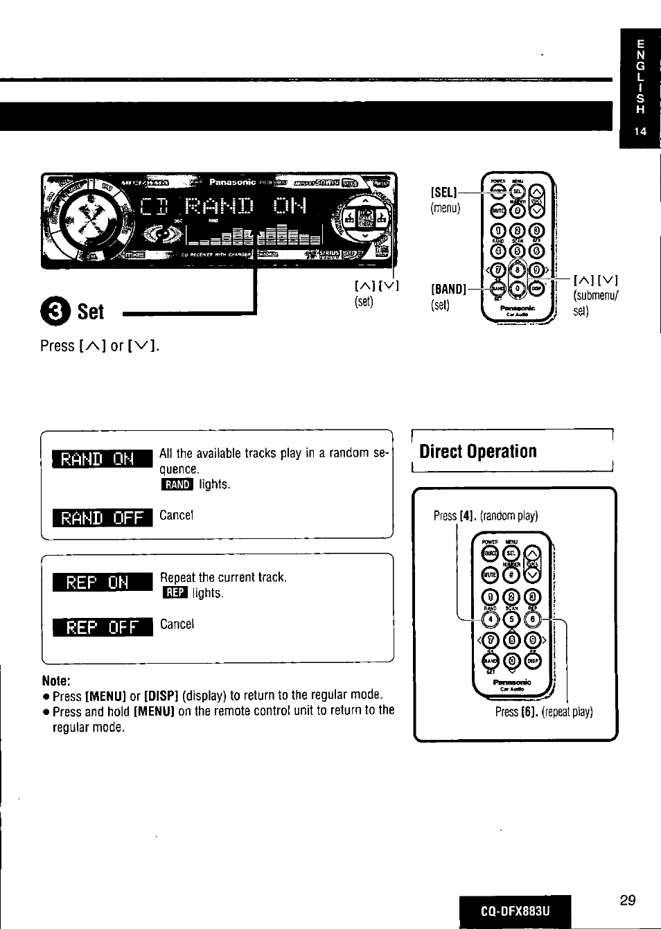 Rand oh, Rand off, Direct operation | Rep on, Rep off | Panasonic CQ-DFX883U User Manual | Page 29 / 156