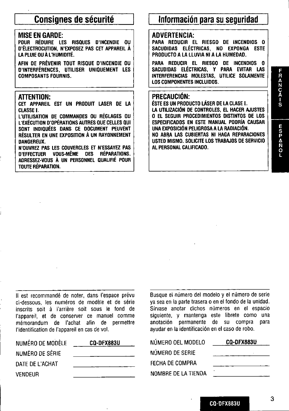 Consignes de sécurité, Información para su seguridad, Mise en garde | Ahention, Advertencia, Precaucion | Panasonic CQ-DFX883U User Manual | Page 3 / 156