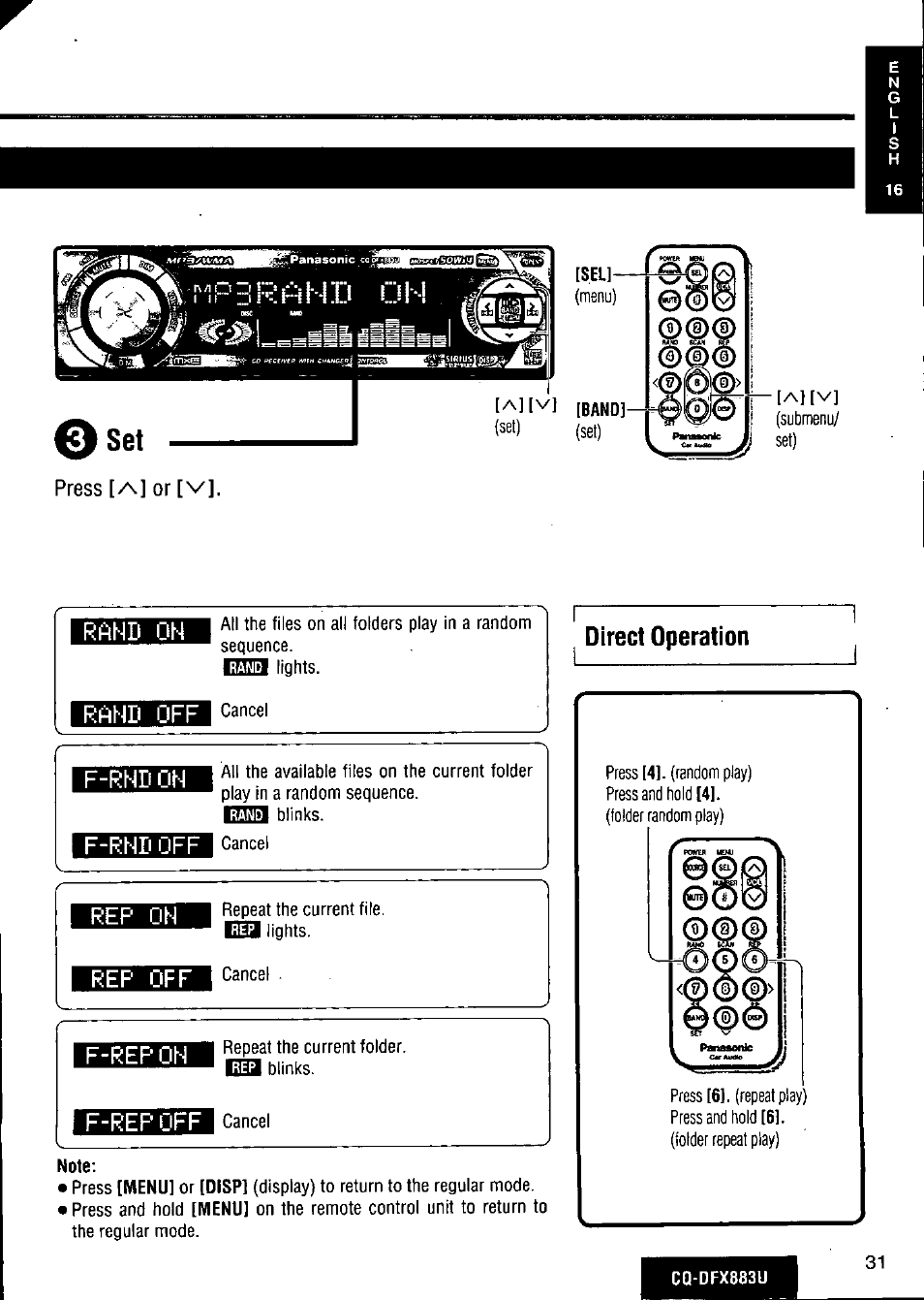 Press [/^] or [v, Rand on, Rand off | Direct operation, Rep on, Rep off, F-rep oh, F-rep off | Panasonic CQ-DFX883U User Manual | Page 31 / 156