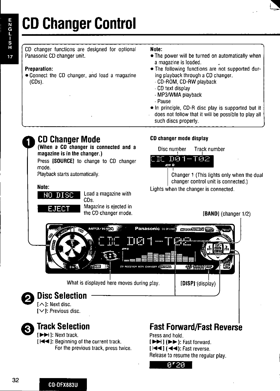Cd changer control, Cd changer mode, Mo disc | Eject, Disc selection, Track selection, Fast forward/fast reverse, Mo disc eject | Panasonic CQ-DFX883U User Manual | Page 32 / 156
