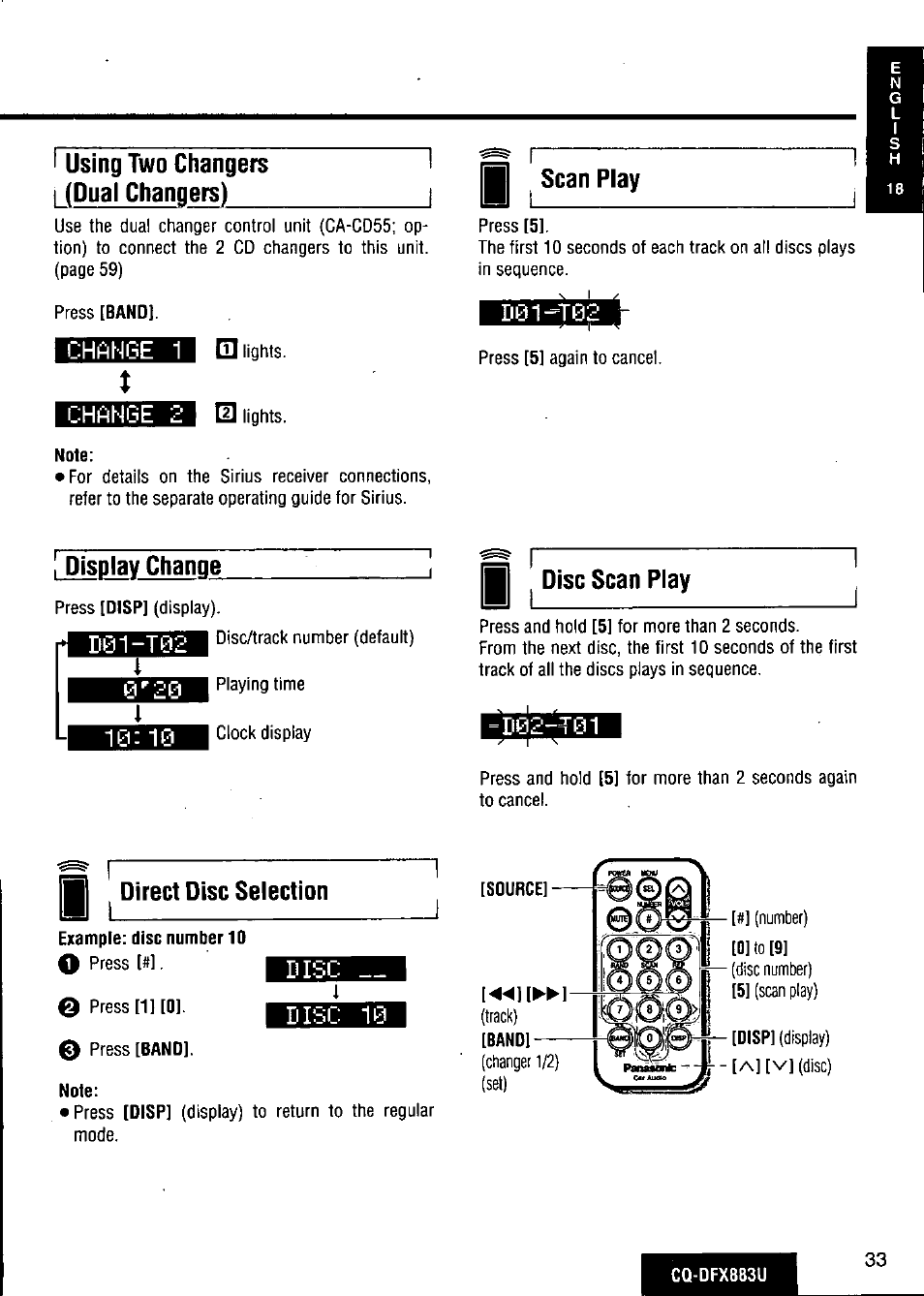 Using two changers (dual changers), Change 1, Change 2 | Display change, D01--t02, Disc scan play, D02-t01, Direct disc selection, Disc, Disc 10 | Panasonic CQ-DFX883U User Manual | Page 33 / 156