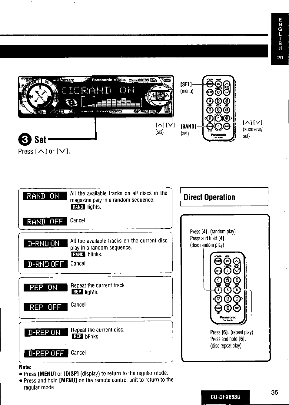 Press [^1 or [v, Rahii on, Ref off | Direct operation, D-rhd on ■ n-rhdoff, Rep oh, D-rep on ■ d-rep off | Panasonic CQ-DFX883U User Manual | Page 35 / 156