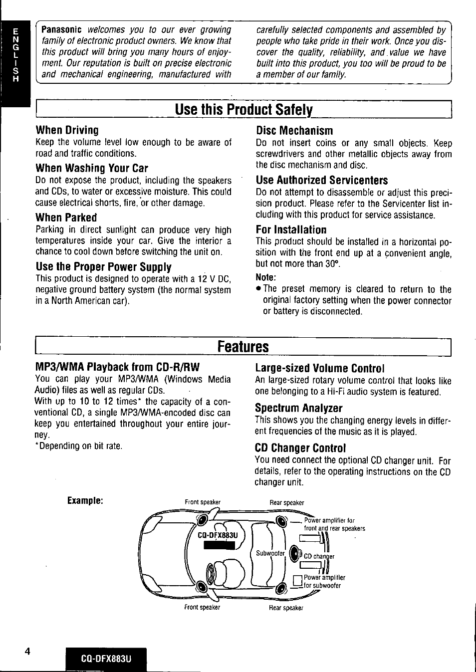 Use this product safely, When driving, When washing your car | When parked, Use the proper power supply, Oise mechanism, Use authorized servicenters, For installation, Features, Mp3/wma playback from cd-r/rw | Panasonic CQ-DFX883U User Manual | Page 4 / 156