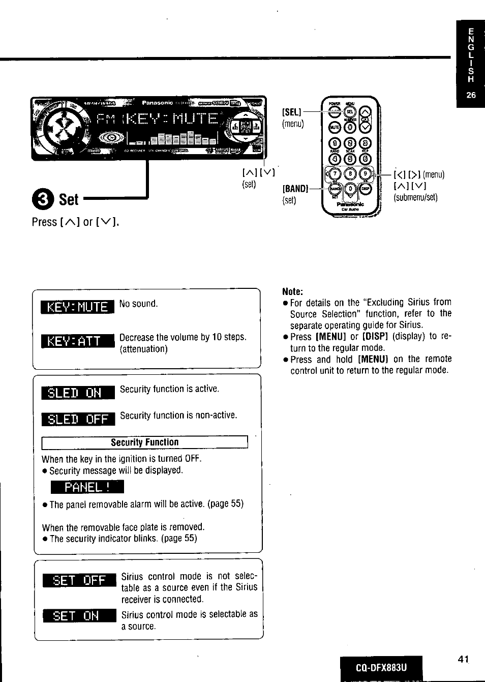 Sled on, Sled off, Panel | Set off, Set on | Panasonic CQ-DFX883U User Manual | Page 41 / 156