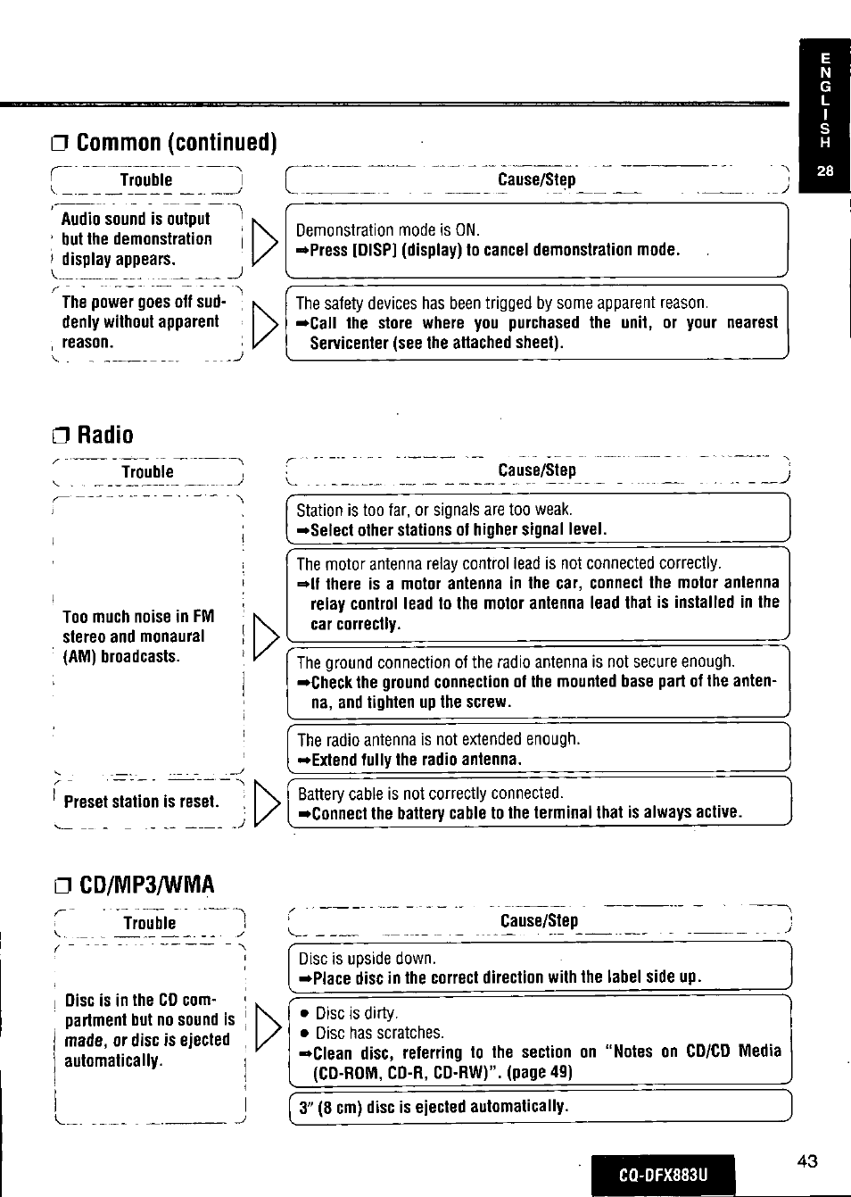 Common (continued), Radio, Cd/mp3/wma | Panasonic CQ-DFX883U User Manual | Page 43 / 156