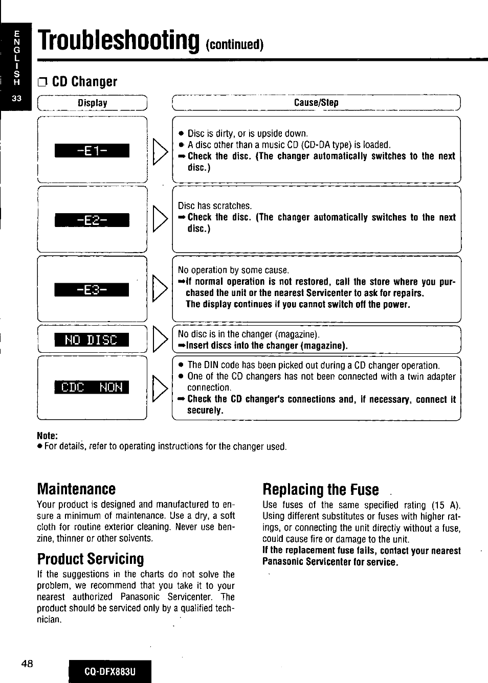 Cd changer, Cause/step, Note | Maintenance, Product servicing, Repiacing the fuse, Troubleshooting (continued) | Panasonic CQ-DFX883U User Manual | Page 48 / 156