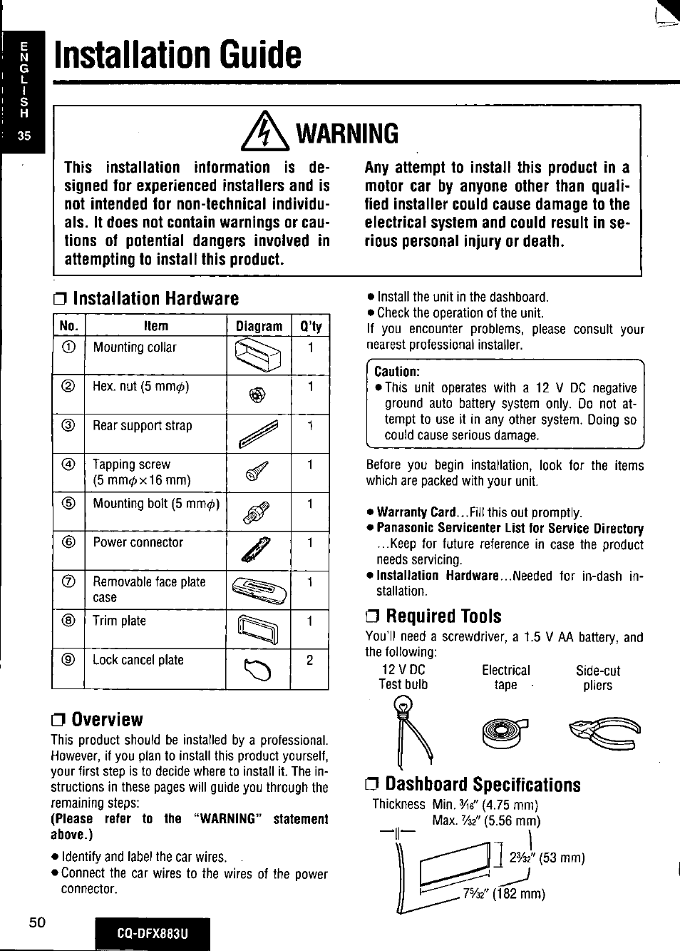 A\ warning, Installation hardware, Overview | Caution, Required tools, Dashboard specifications, Instailation guide, Installation guide, Warning | Panasonic CQ-DFX883U User Manual | Page 50 / 156