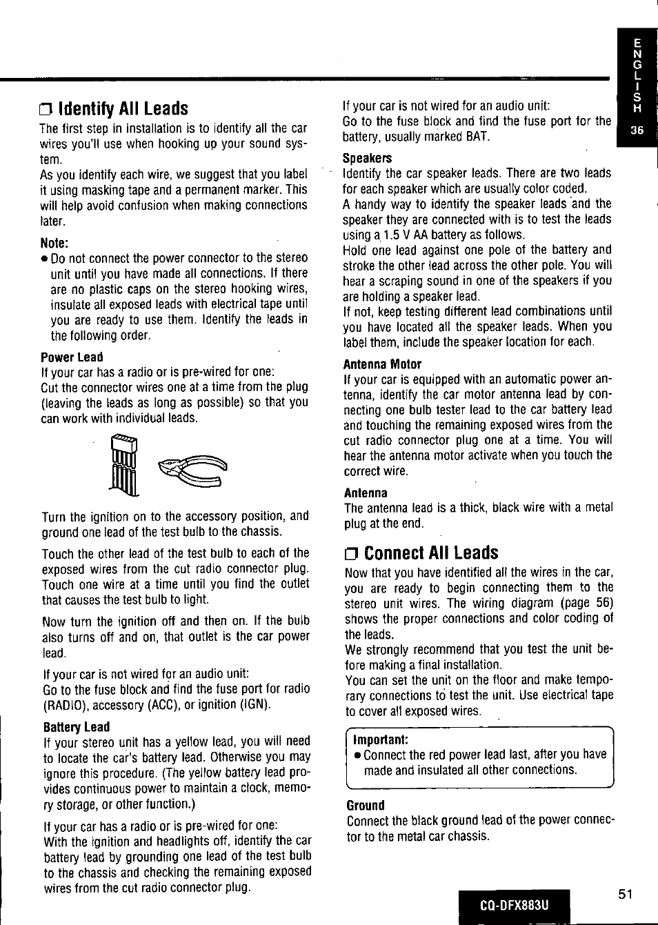 Identify all leads, Note, Power lead | Antenna motor, Antenna, Connect all leads, Ground | Panasonic CQ-DFX883U User Manual | Page 51 / 156