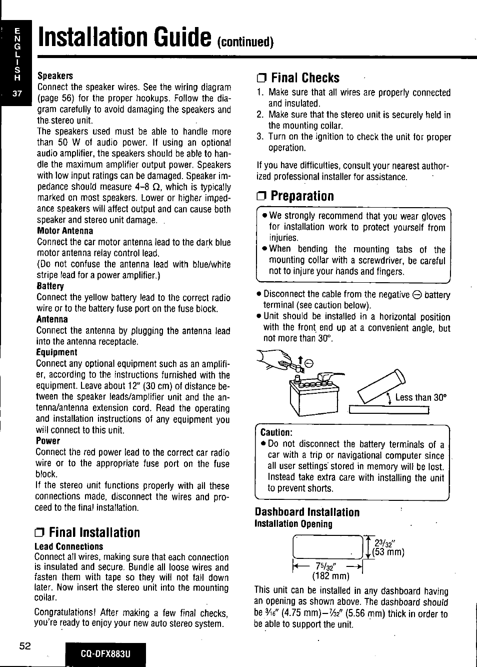 Speakers, Final installation, Final checks | Preparation, Dashboard installation, Installation guide | Panasonic CQ-DFX883U User Manual | Page 52 / 156
