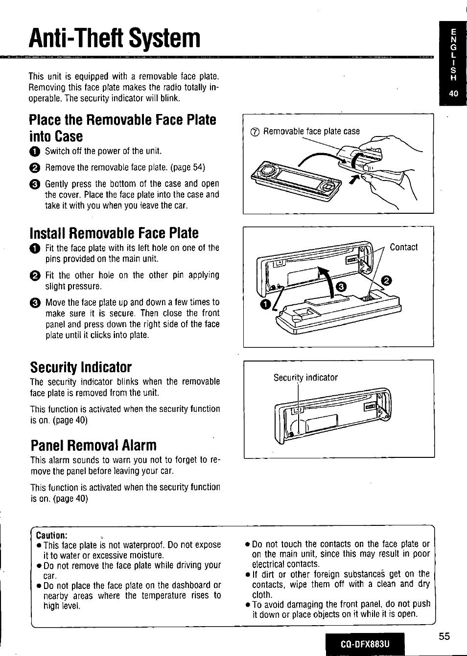 Anti-theft system, Place the removable face plate into case, Install removable face plate | Security indicator, Panel removal alarm, Caution | Panasonic CQ-DFX883U User Manual | Page 55 / 156