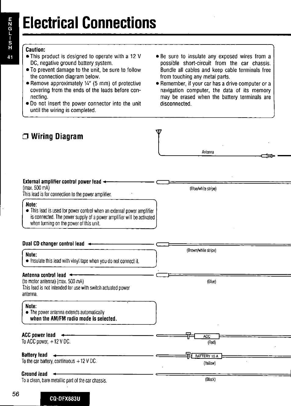 Electrical connections, Caution, Wiring diagram | External amplifier control power lead, Note, Dual cd changer control lead, Antenna control lead, Acc power lead, Battery lead, Ground lead | Panasonic CQ-DFX883U User Manual | Page 56 / 156