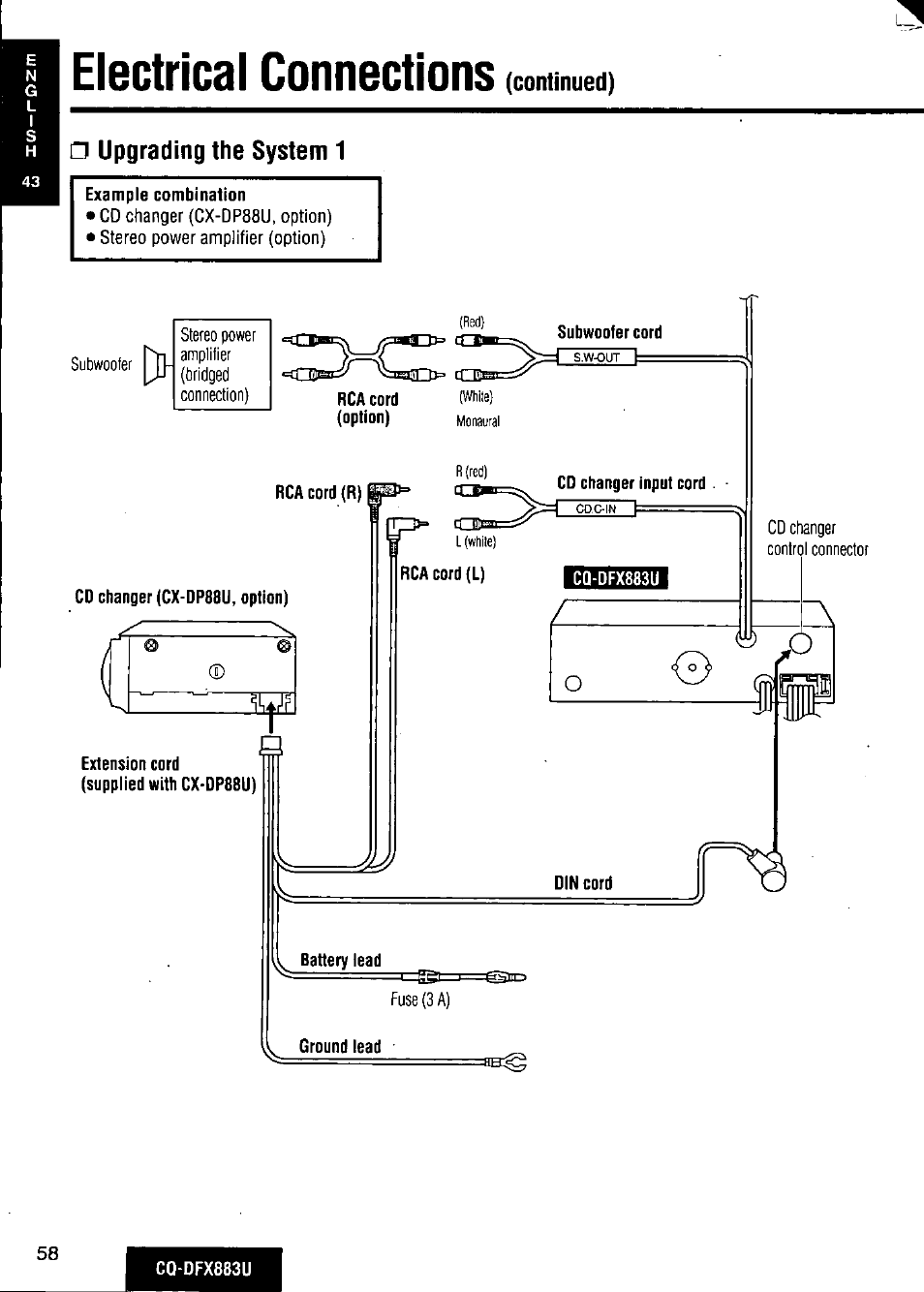 Electrical connections, Upgrading the system 1, Example combination | Panasonic CQ-DFX883U User Manual | Page 58 / 156